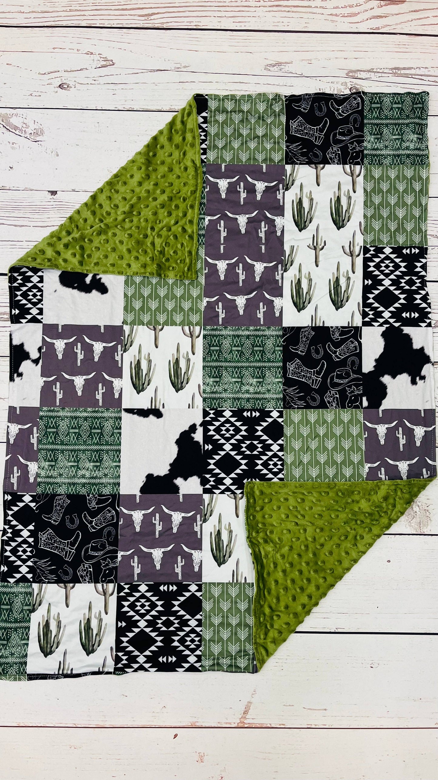Green Cactus & Cows Minky Blanket