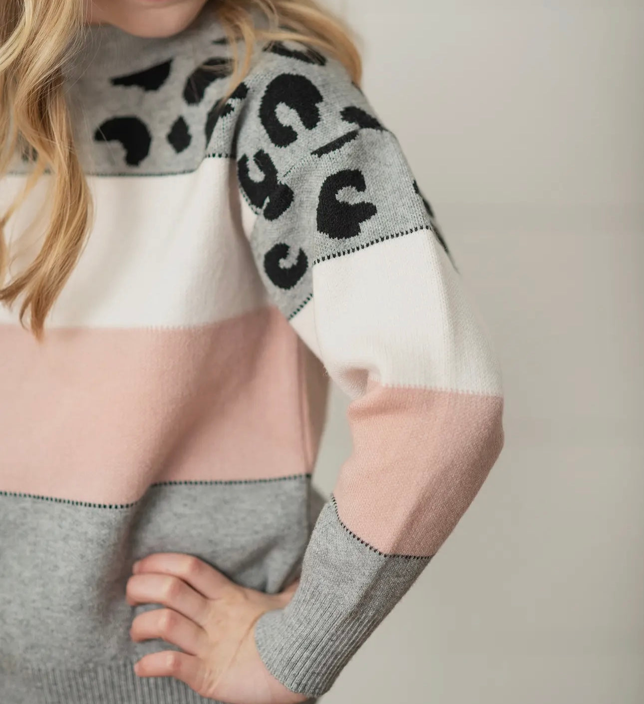Pink, Grey, and Leopard Color Block Crewneck