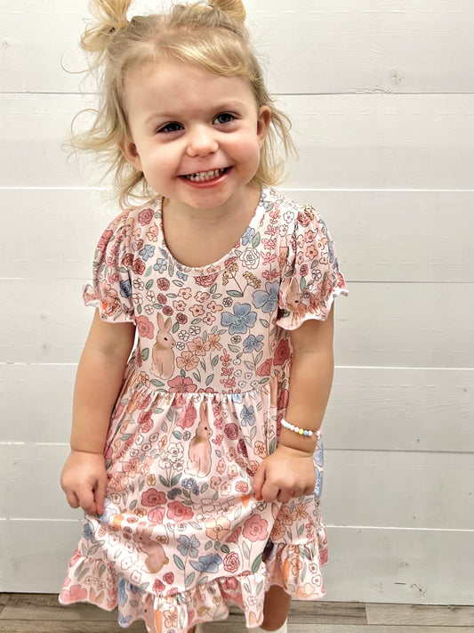 Easter Bunny Floral Puff Sleeves Girls Dress