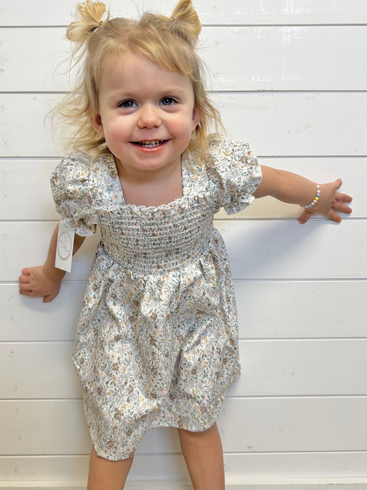 Smocking Floral Print Short Sleeve Dress