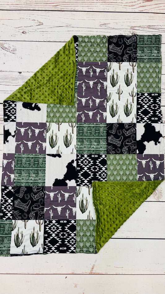 Green Cactus & Cows Minky Blanket