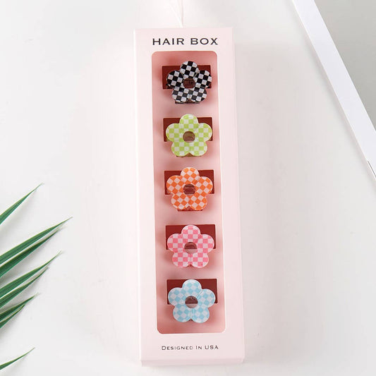 Checkered Flower Assorted Mini Claw Hair Clip Set