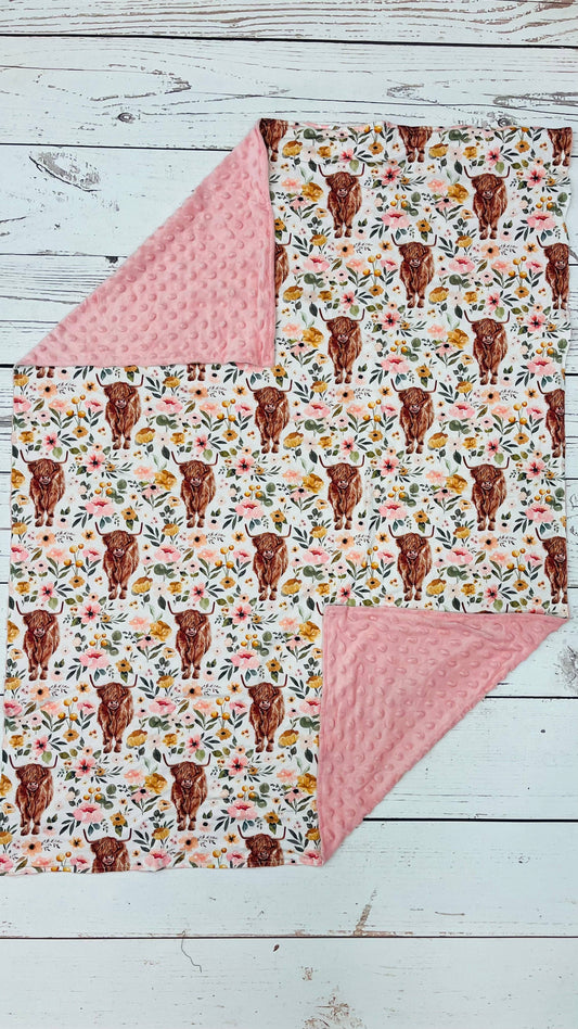 Pink Cows Floral Minky Blanket